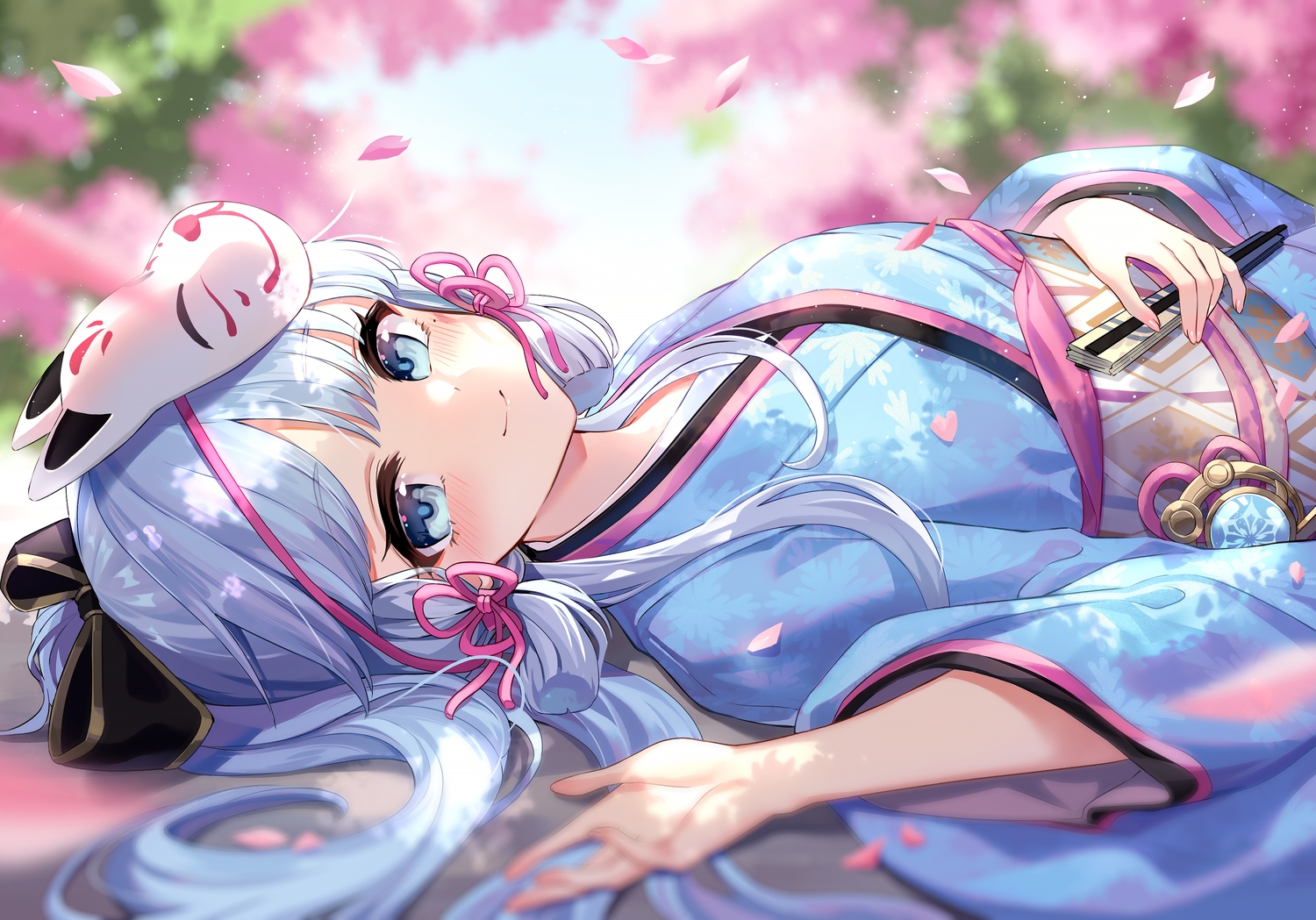blue_eyes, blue_hair, blush, bow, close, fan, genshin_impact, japanese_clothes