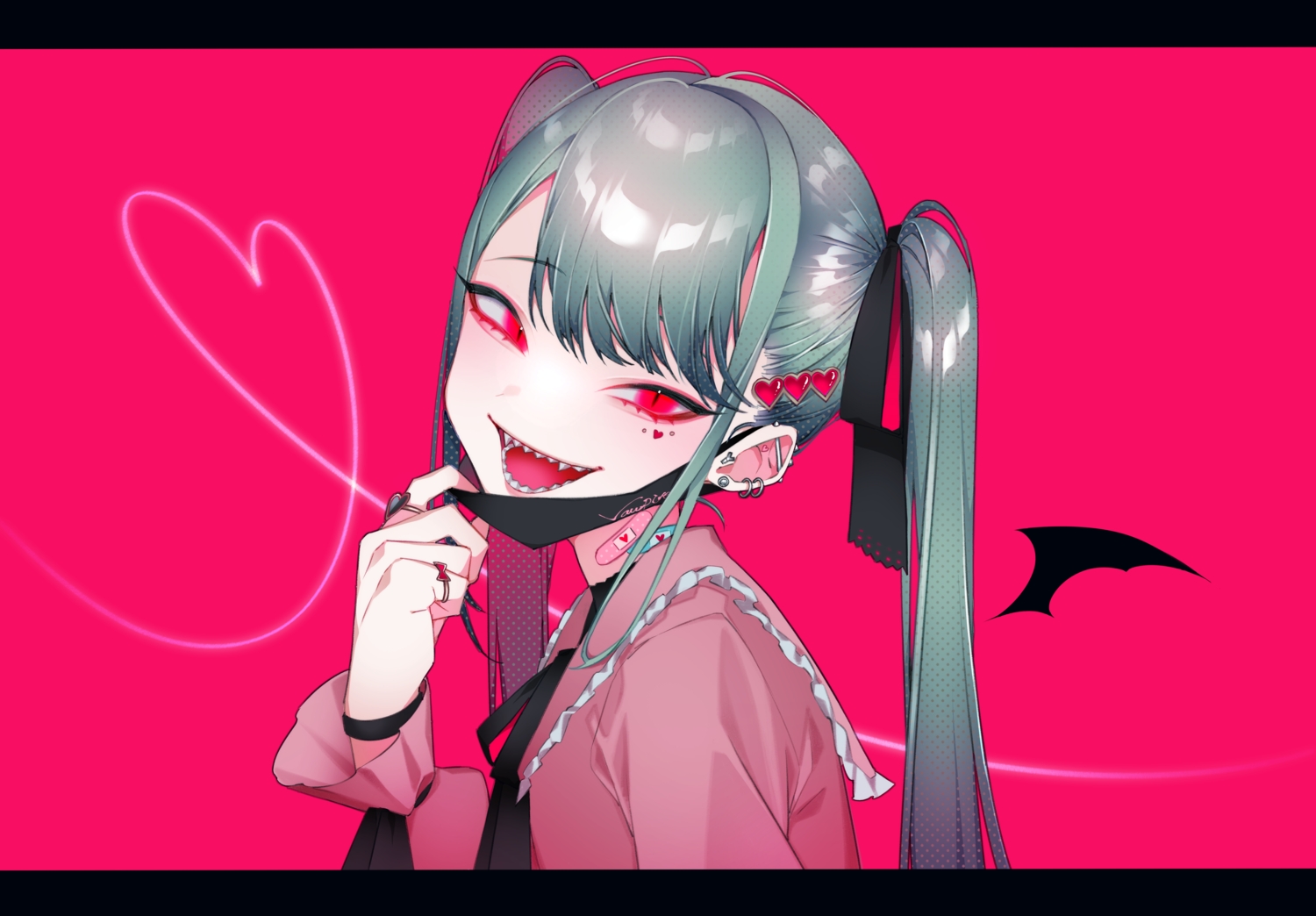 1055, fang, hatsune_miku, mask, red_eyes, twintails, vampire, vampire_(vocaloid)