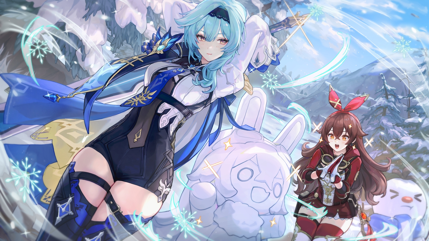 2girls, amber_(genshin_impact), aqua_hair, bibimbub, brown_hair, eula_lawrence, genshin_impact, long_hair