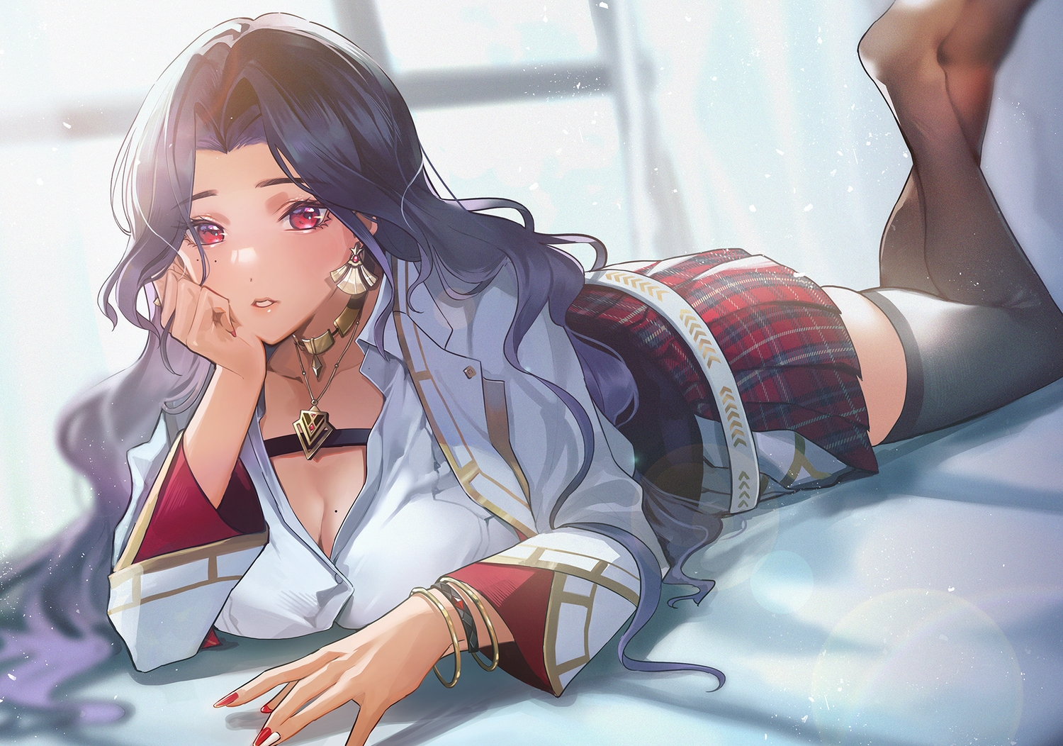 bed, breasts, choker, cleavage, long_hair, necklace, nijisanji, purple_hair, red_eyes, riz3, scarle_yonaguni, shirt, skirt, zettai_ryouiki