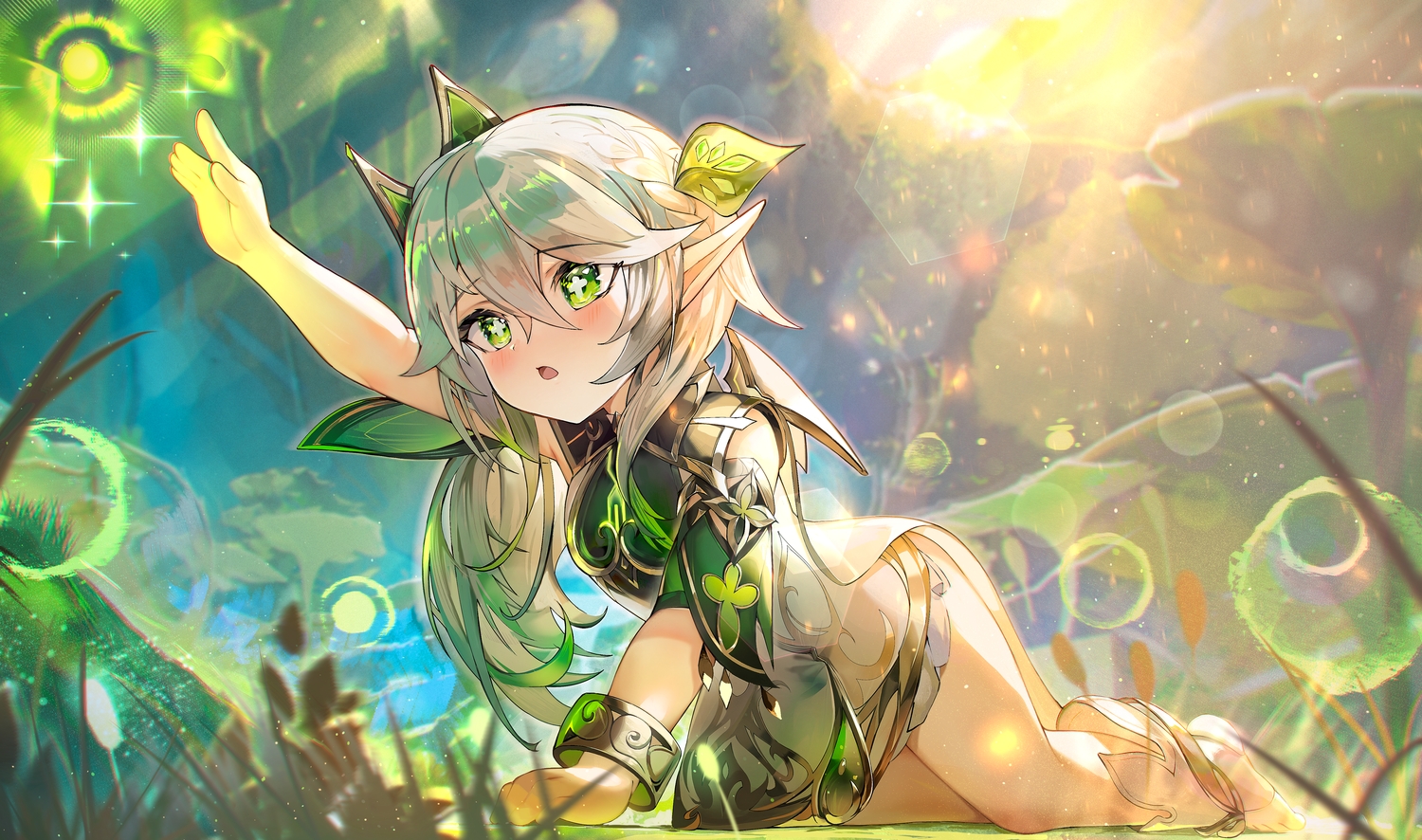 dress, genshin_impact, grass, gray_hair, green, green_eyes, janyhero, loli