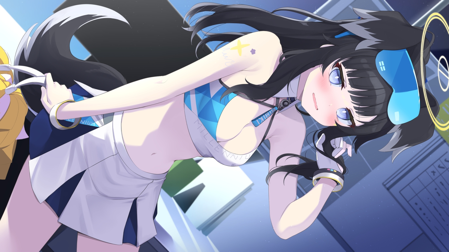 animal_ears, black_hair, blue_archive, blue_eyes, breasts, cheerleader, cleavage, doggirl
