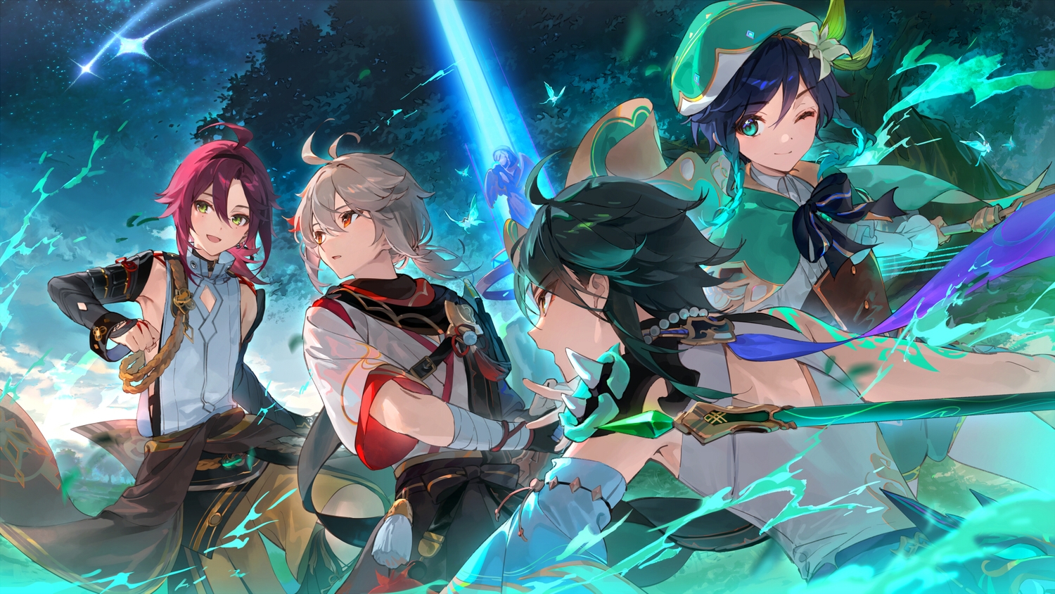 all_male, aqua_eyes, armor, bandage, blue_hair, bow, braids, brown_eyes
