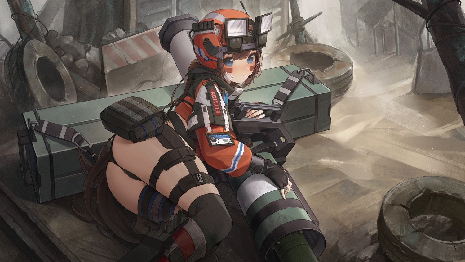 ass, blue_eyes, blush, brown_hair, garter, gloves, goddess_of_victory:_nikke, hat