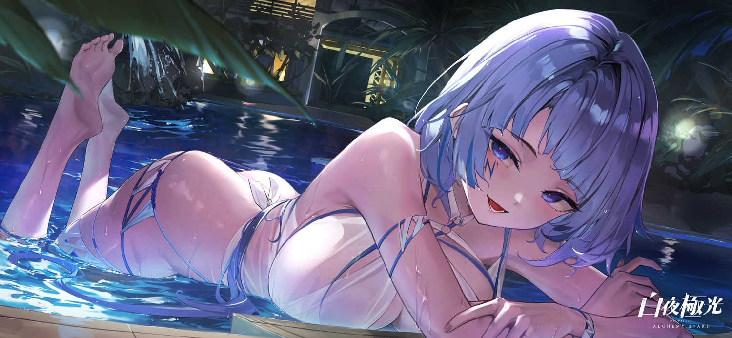 7gao, alchemy_stars, ass, azure_(alchemy_stars), barefoot, bikini, blue_eyes, blue_hair, breasts, leaves, logo, pool, short_hair, swimsuit, water, wet