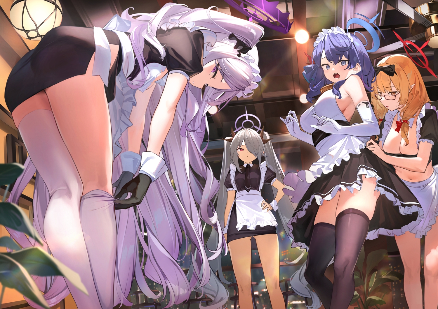 7gao, amau_ako, apron, ass, blue_archive, blue_eyes, blue_hair, bow, breasts, brown_hair, cleavage, dress, elbow_gloves, gloves, gray_hair, group, halo, headdress, hinomiya_chinatsu, leaves, long_hair, maid, orange_eyes, pointed_ears, purple_eyes, red_eyes, shiromi_iori, sideboob, skirt, sorasaki_hina, stockings, thighhighs, tie, twintails, undressing, wristwear