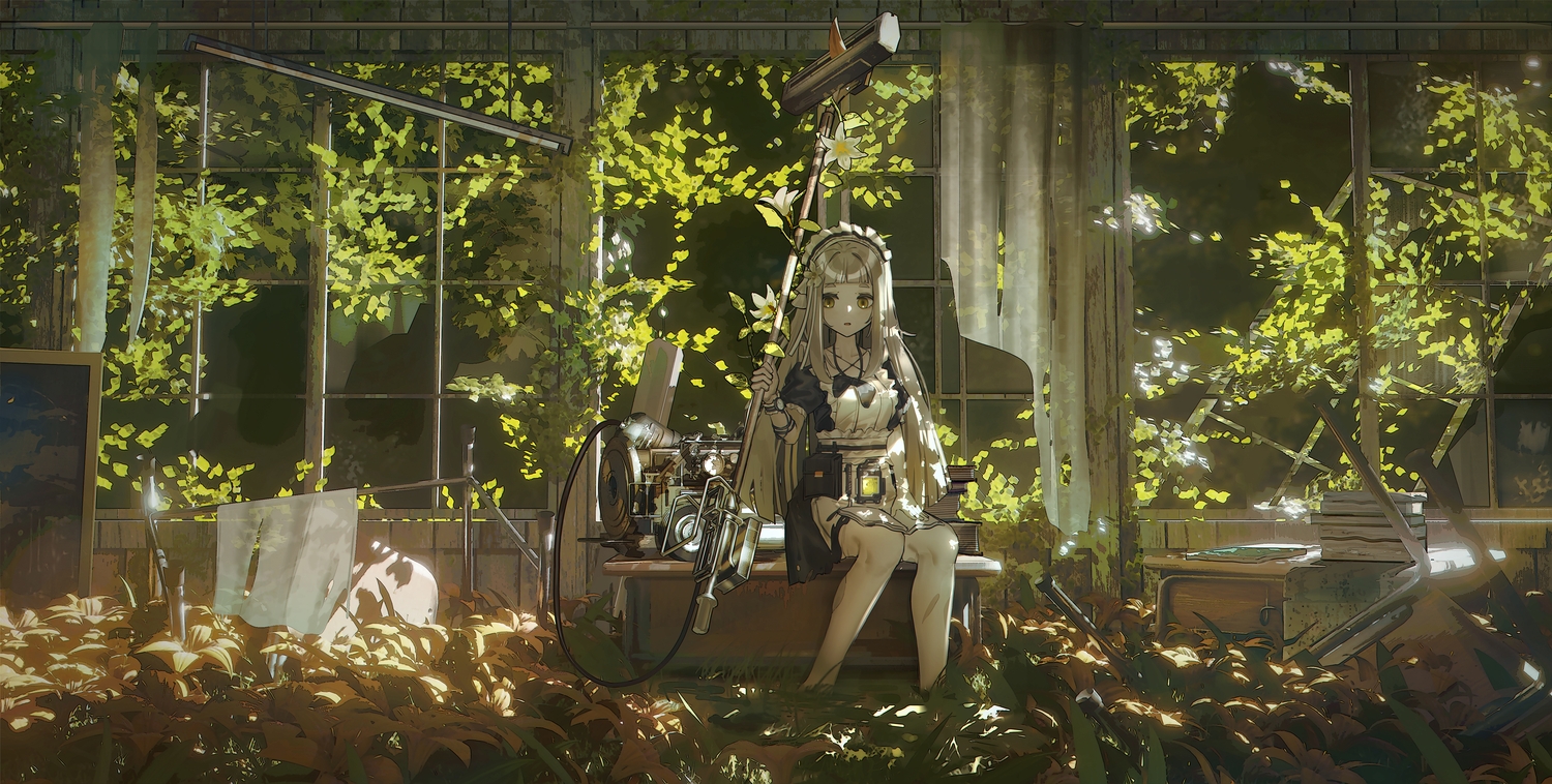 apron, blonde_hair, bow, dress, flowers, geki_dan, green, headdress, leaves, long_hair, maid, original, ribbons, ruins, scenic, tree, yellow_eyes