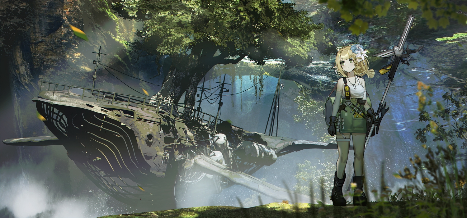 blonde_hair, boots, elbow_gloves, flowers, geki_dan, gloves, green, green_eyes