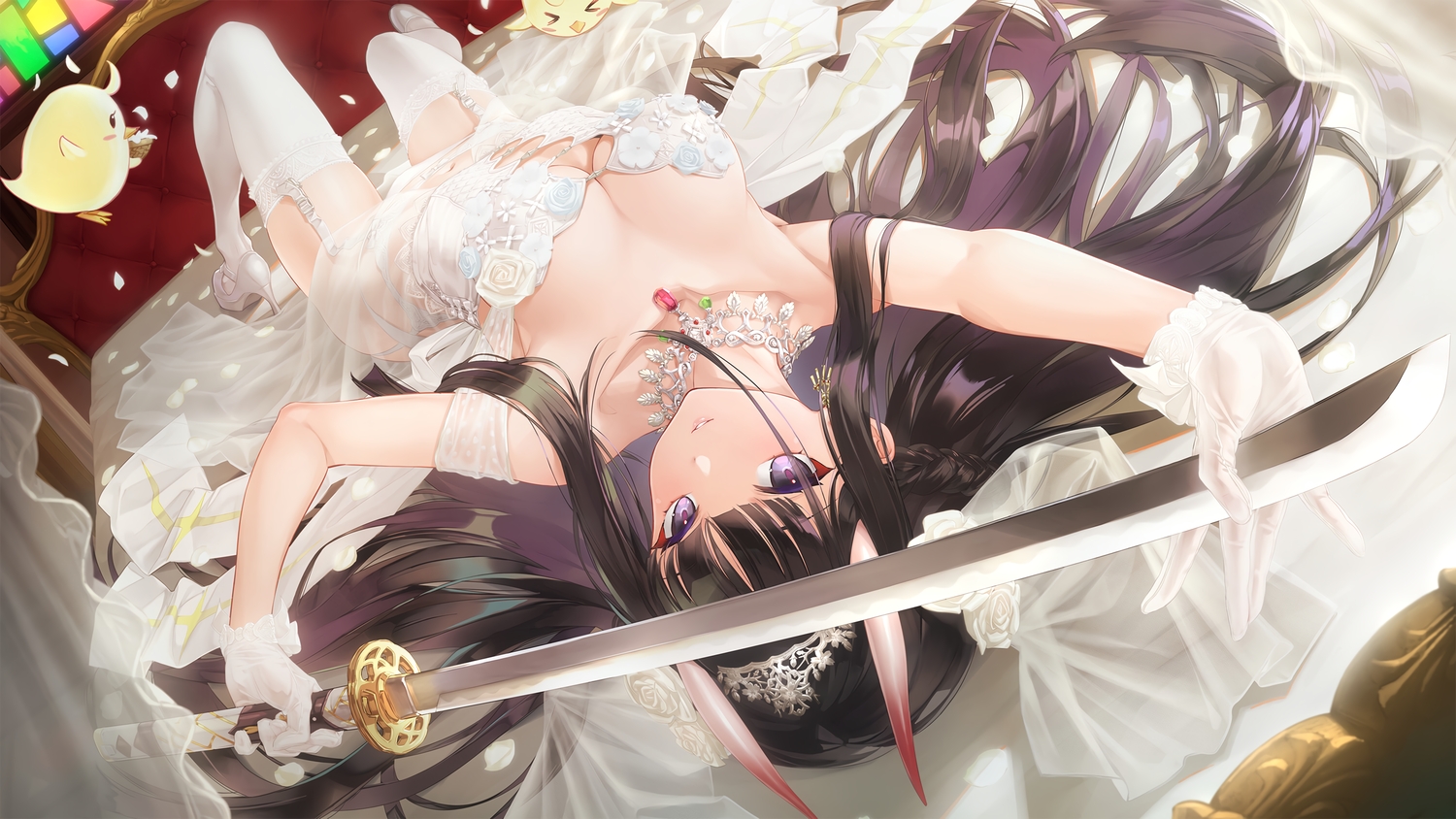 animal, anthropomorphism, azur_lane, bed, bird, black_hair, braids, breasts, cleavage, crown, demon, garter_belt, gloves, happoubi_jin, headdress, horns, katana, long_hair, manjuu_(azur_lane), necklace, noshiro_(azur_lane), petals, purple_eyes, see_through, stockings, sword, thighhighs, weapon