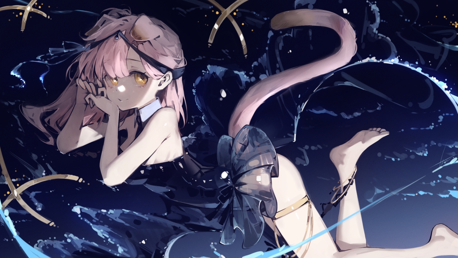animal_ears, arknights, barefoot, catgirl, dress, goldenglow_(arknights), libiadan, long_hair