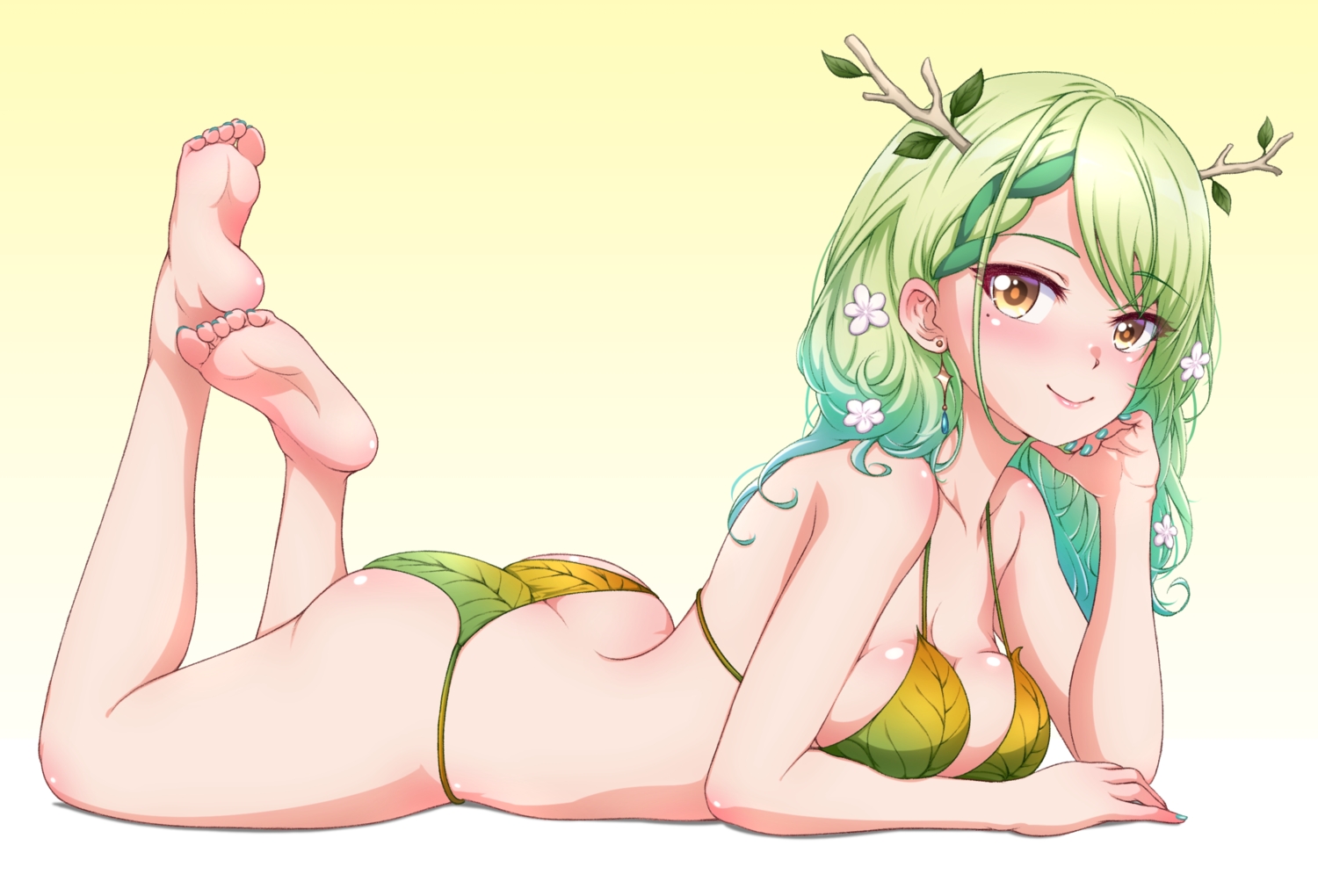 ass, barefoot, bikini, blush, brown_eyes, ceres_fauna, gradient, green, green_hair, hololive, horns, long_hair, p-nekoe, swimsuit