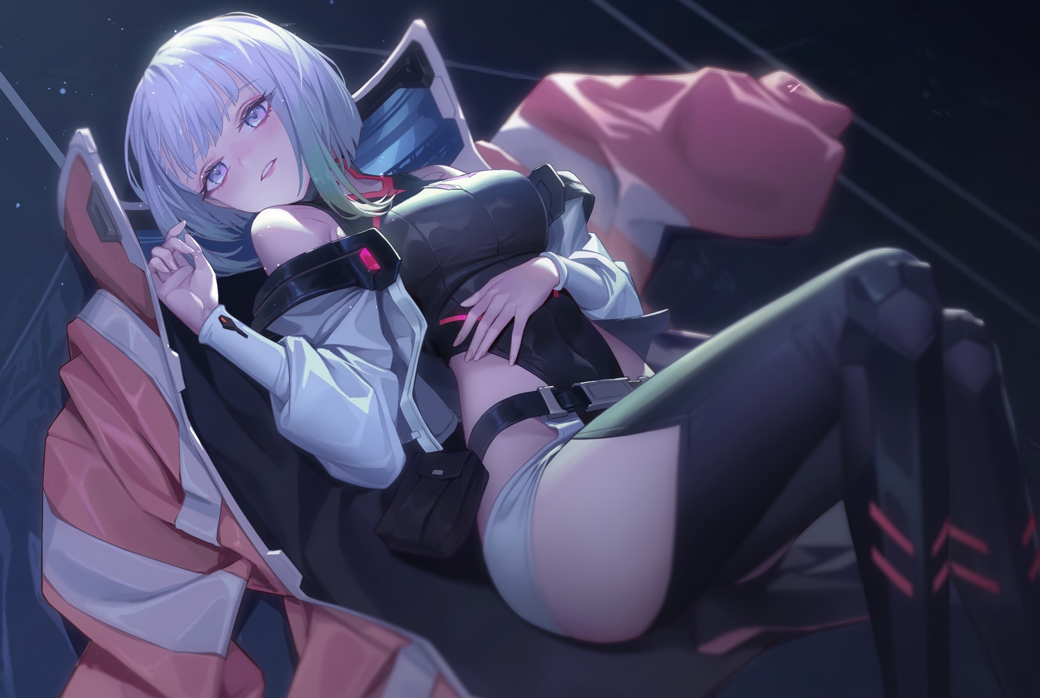 cyberpunk_2077, cyberpunk:_edgerunners, gray_eyes, leotard, lucy_(cyberpunk), short_hair, white_hair, xzu