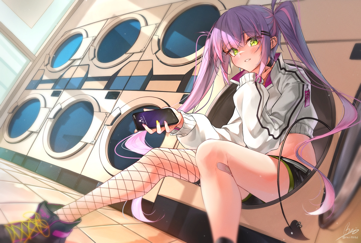 bandaid, boots, green_eyes, hololive, long_hair, phone, pink_hair, purple_hair, rei_(9086), shorts, signed, tail, thighhighs, tokoyami_towa, twintails