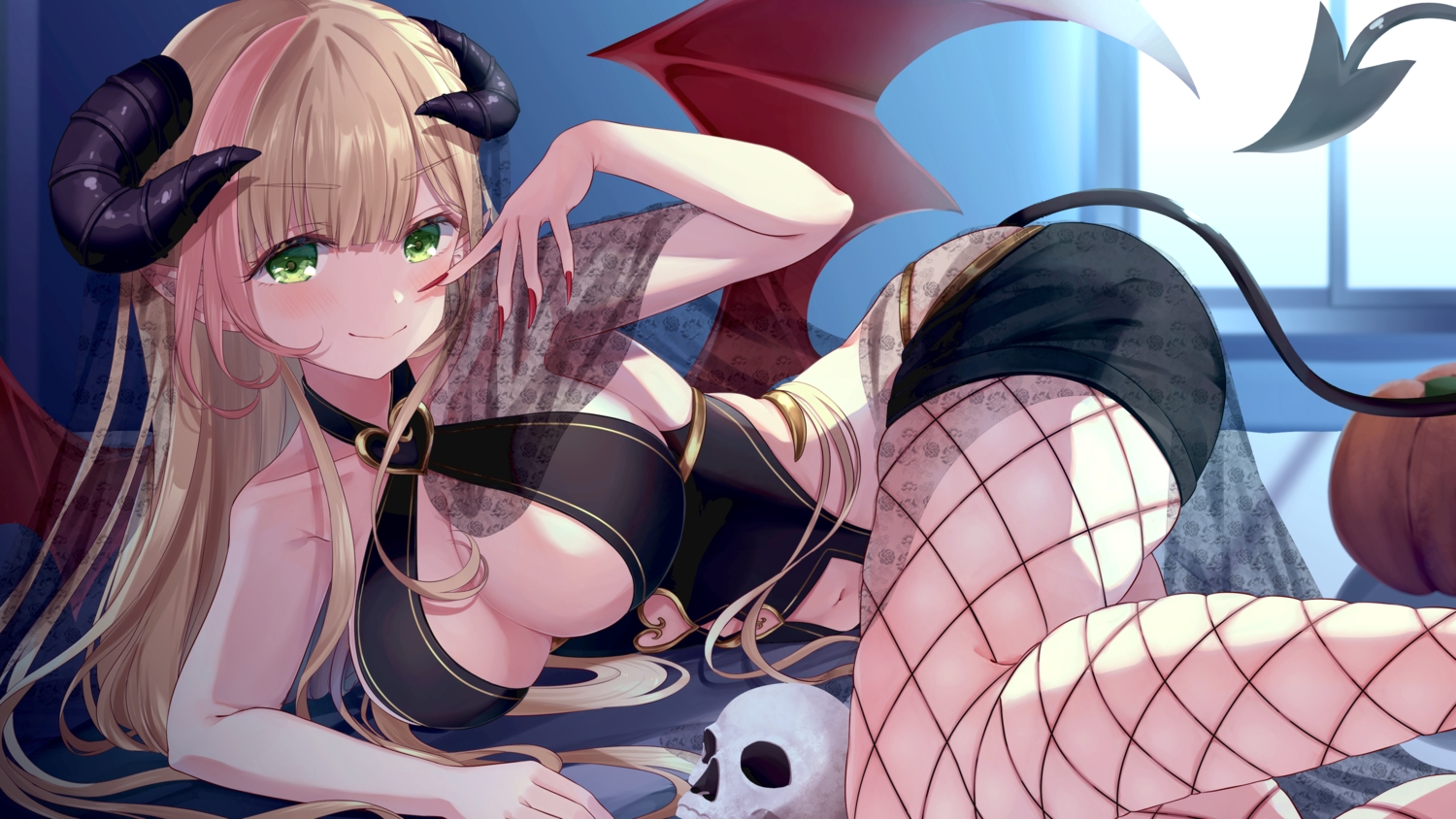 amano_mano, blonde_hair, blush, breasts, cleavage, demon, green_eyes, halloween, horns, indie_virtual_youtuber, lllconfidential, long_hair, pointed_ears, pumpkin, skull, tail, wings