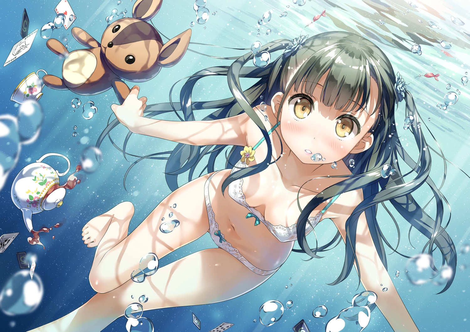 5_nenme_no_houkago, barefoot, black_hair, blush, bra, breasts, cleavage, drink