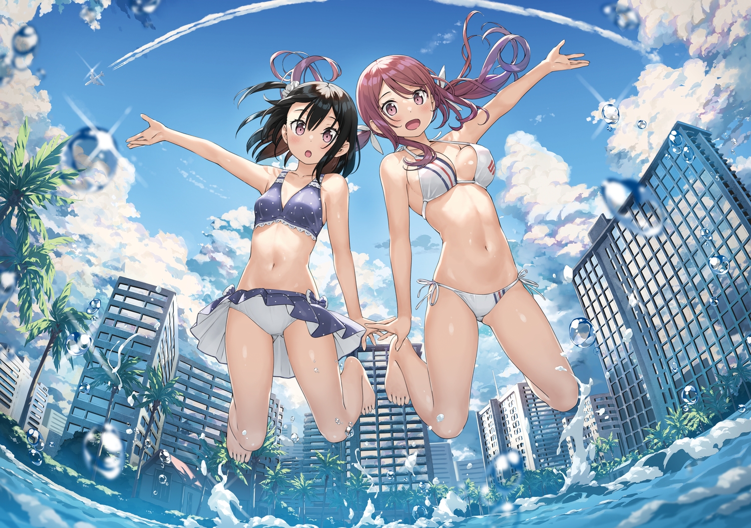 2girls, bikini, building, city, kantoku, kurumi_(kantoku), original, shizuku_(kantoku)