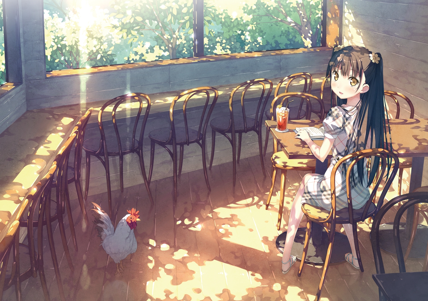 5_nenme_no_houkago, animal, bird, black_hair, book, drink, kantoku, long_hair