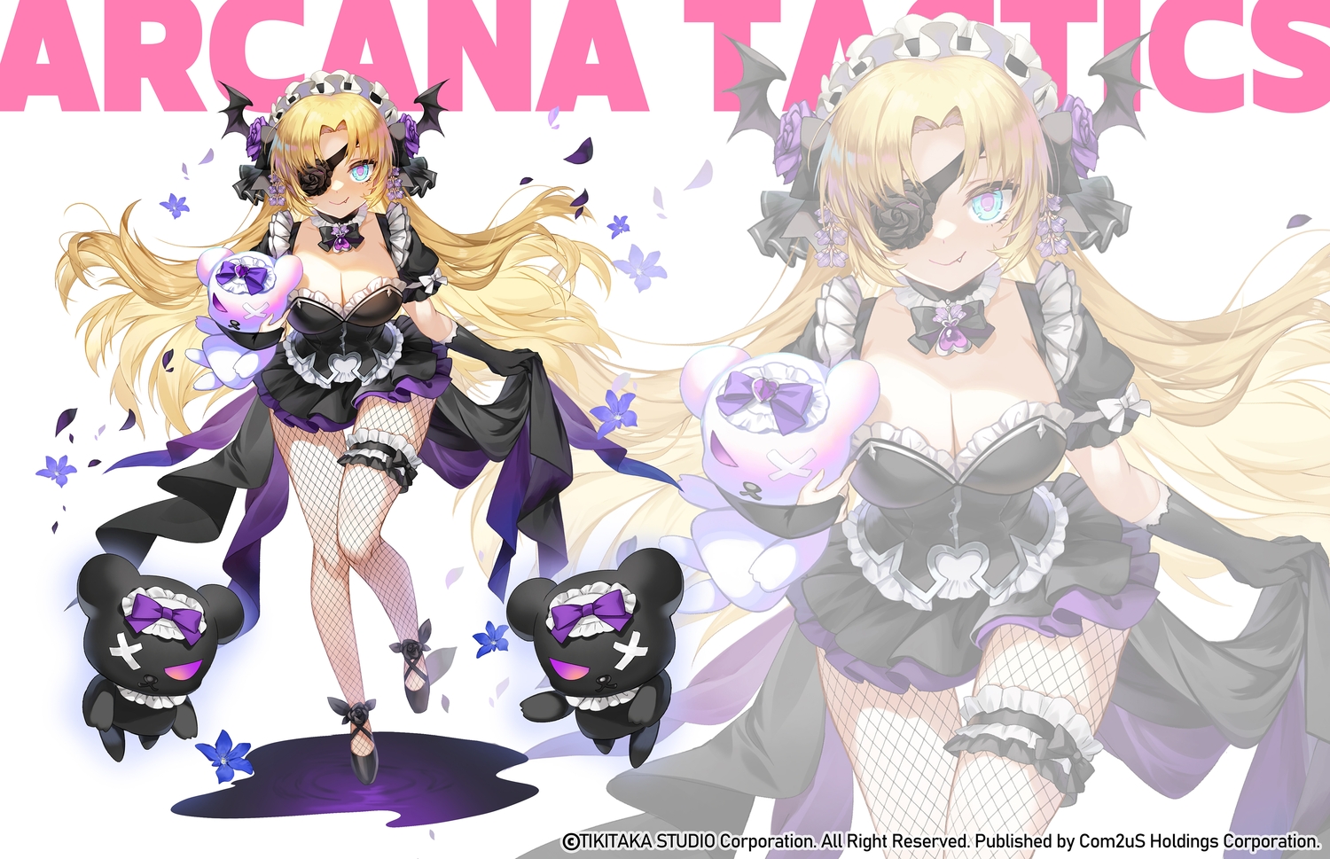 applecaramel_(acaramel), aqua_eyes, arcana_tactics, blonde_hair, bow, breasts, choker, cleavage