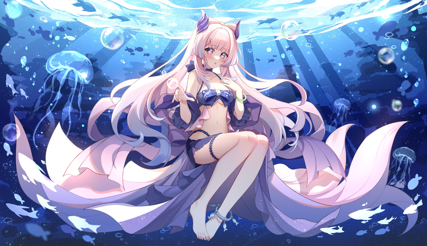 animal, barefoot, bikini, blue_hair, fish, genshin_impact, gou_lianlian_dogface, long_hair