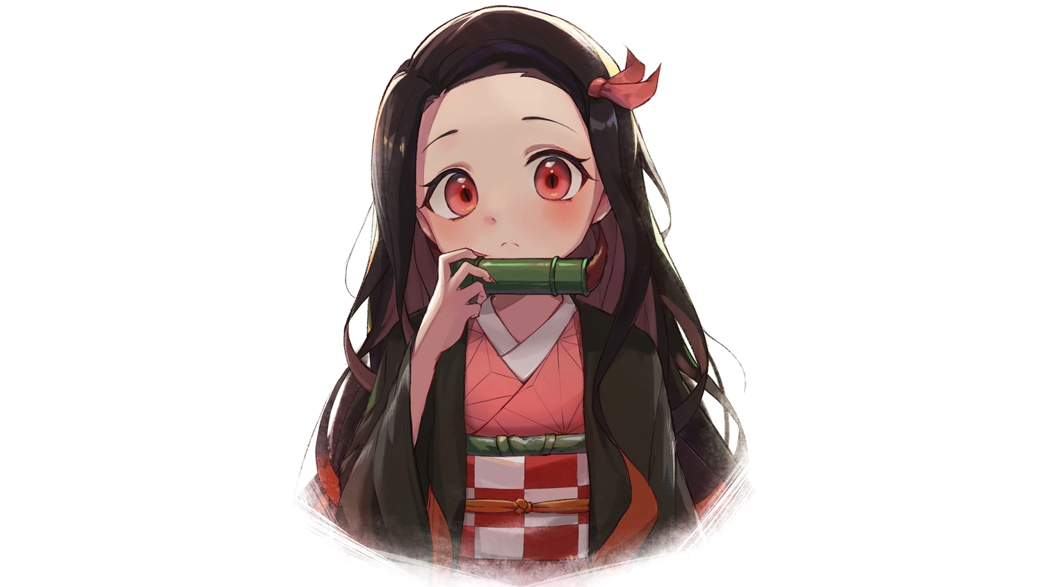 black_hair, blush, gag, japanese_clothes, kamado_nezuko, kimetsu_no_yaiba, long_hair, lunia