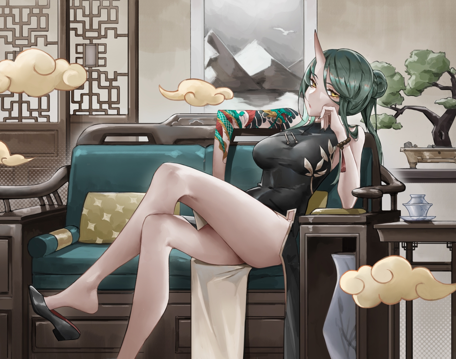 arknights, chinese_clothes, chinese_dress, couch, dress, green_hair, horns, hoshiguma_(arknights), sama_(sama24654684), sketch, tattoo, tree, wristwear, yellow_eyes