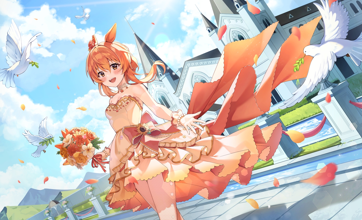 animal, animal_ears, anthropomorphism, bird, blush, bow, building, choker