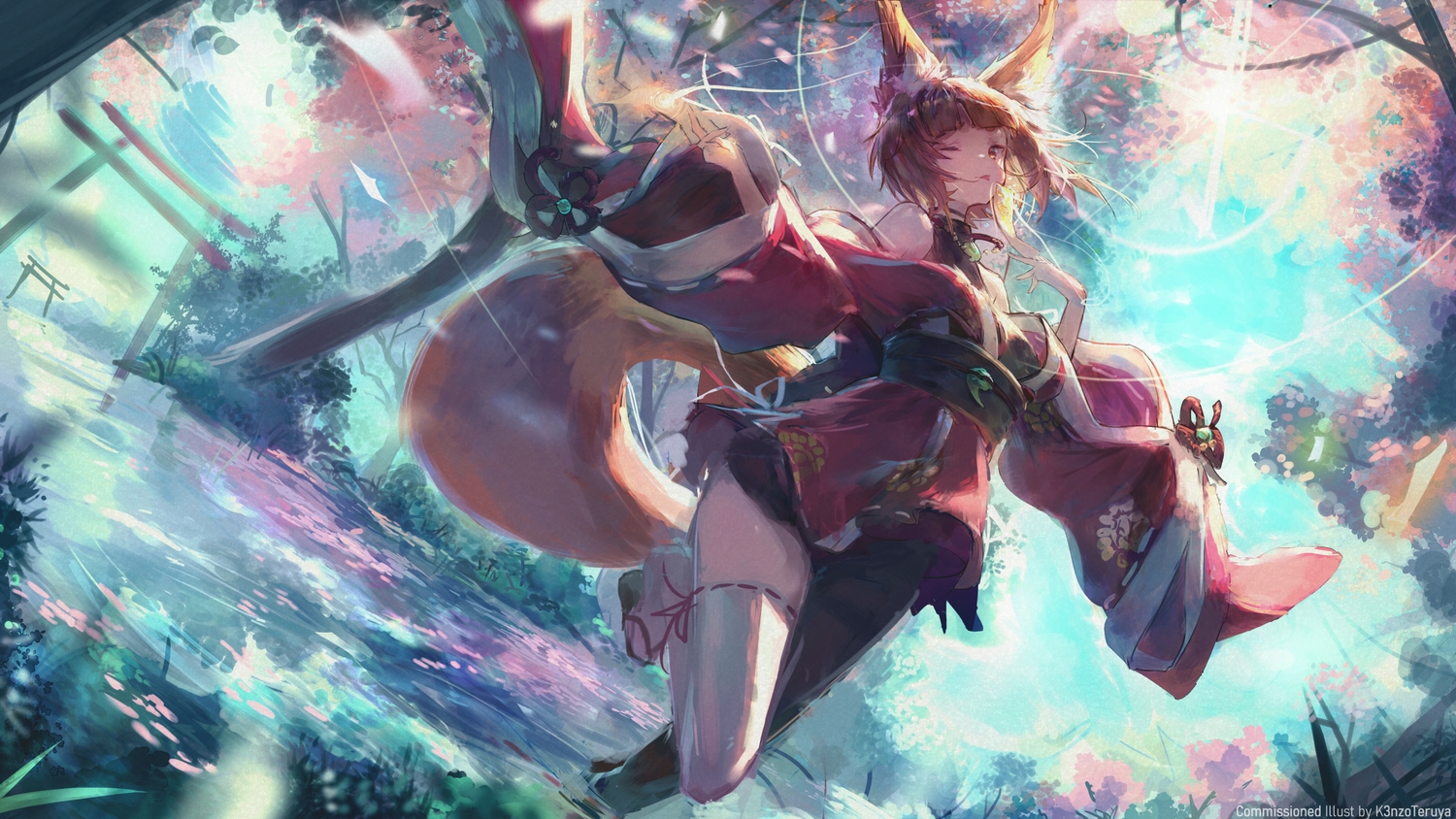 animal_ears, brown_hair, foxgirl, japanese_clothes, k3nzoteruya, ofuda, original, short_hair