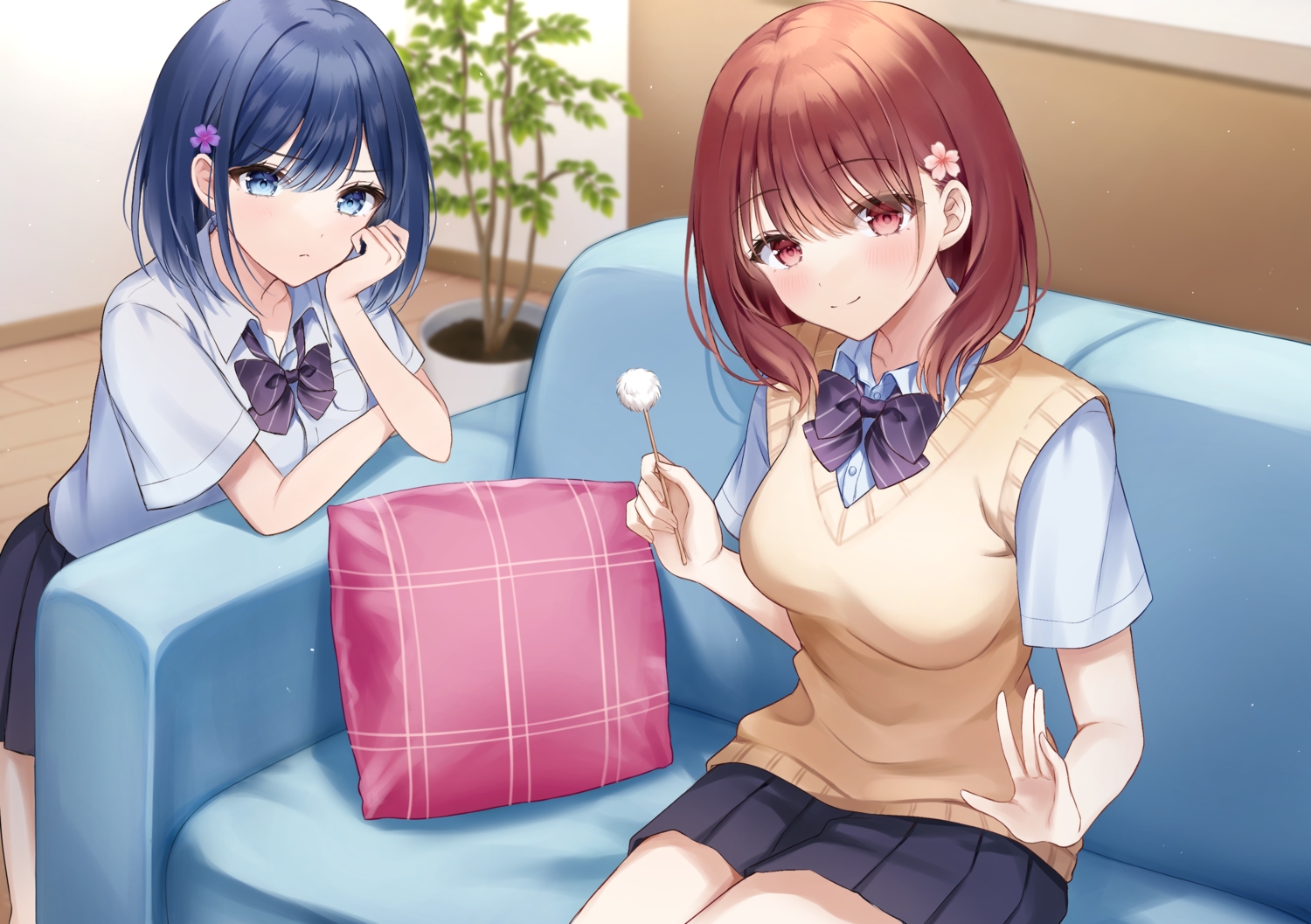2girls, aqua_eyes, blue_hair, blush, brown_hair, couch, original, parum