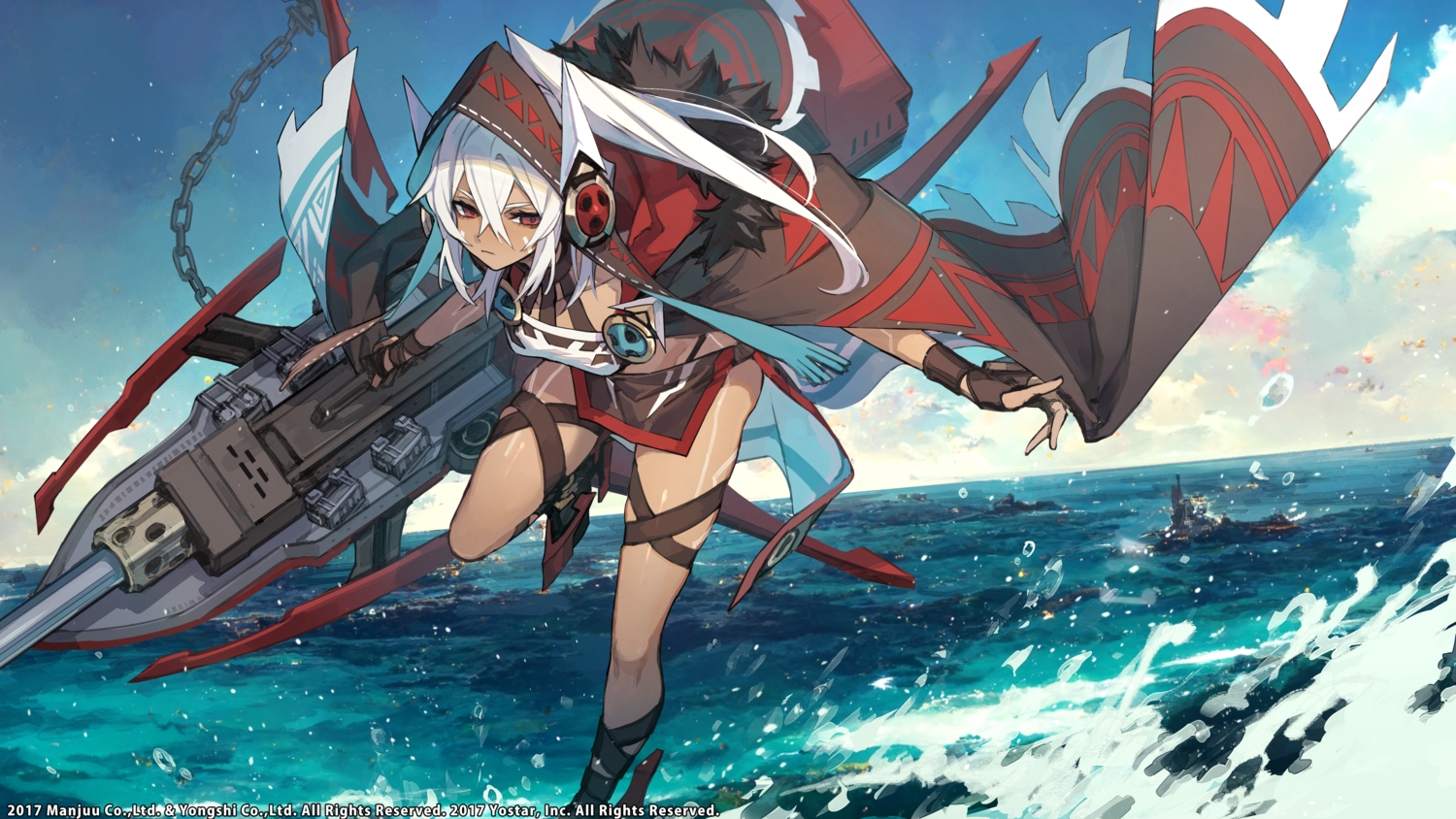 anthropomorphism, azur_lane, cape, chain, clouds, dark_skin, garter, gloves
