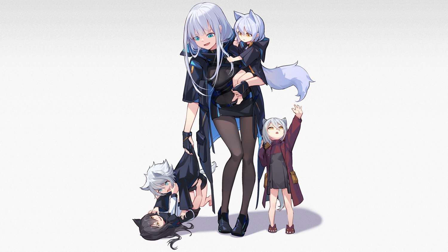animal_ears, aqua_eyes, arknights, black_hair, dress, female_doctor_(arknights), gloves, gradient