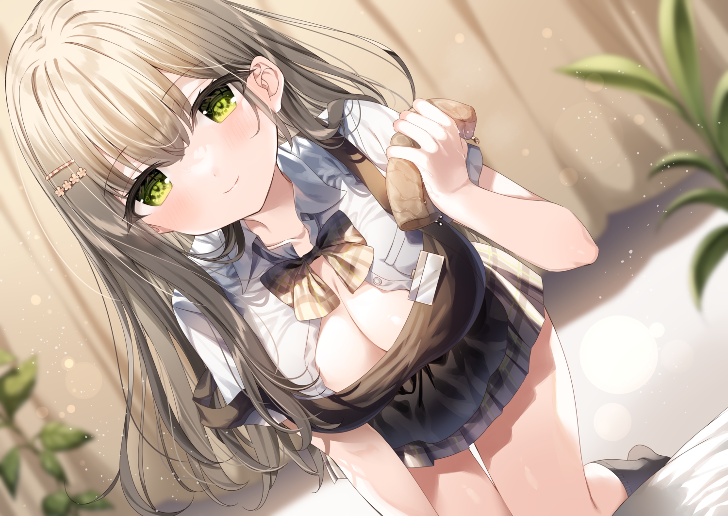 apron, blush, breasts, cleavage, close, gray_hair, green_eyes, long_hair