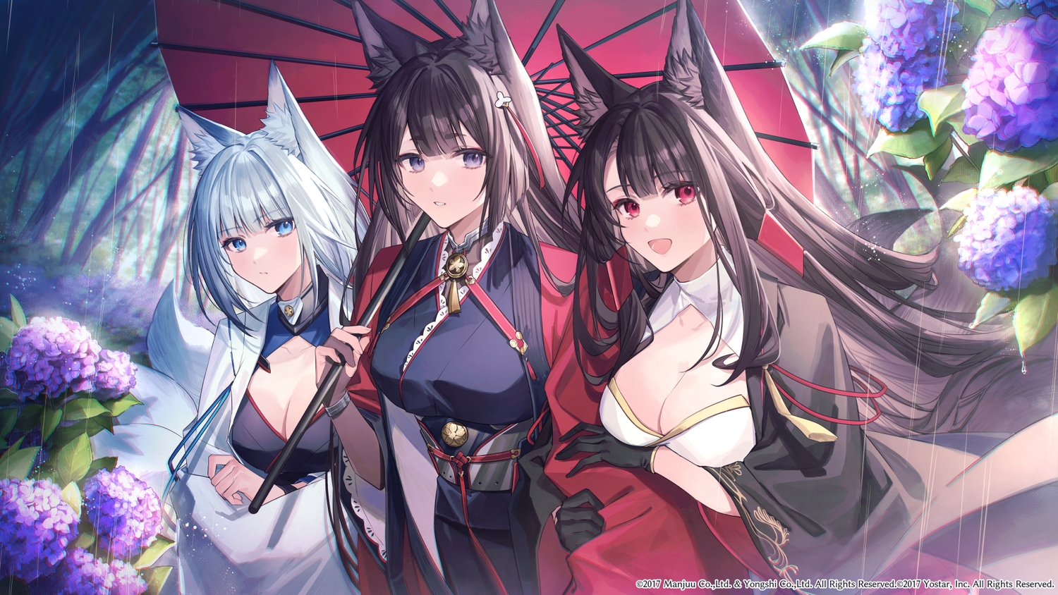 akagi_(azur_lane), aliasing, amagi_(azur_lane), animal_ears, anthropomorphism, azur_lane, blue_eyes, breast_hold, breasts, brown_hair, cleavage, flowers, foxgirl, gloves, hug, japanese_clothes, kaga_(azur_lane), kimono, koyukomu, multiple_tails, purple_eyes, rain, red_eyes, short_hair, tail, umbrella, water, white_hair