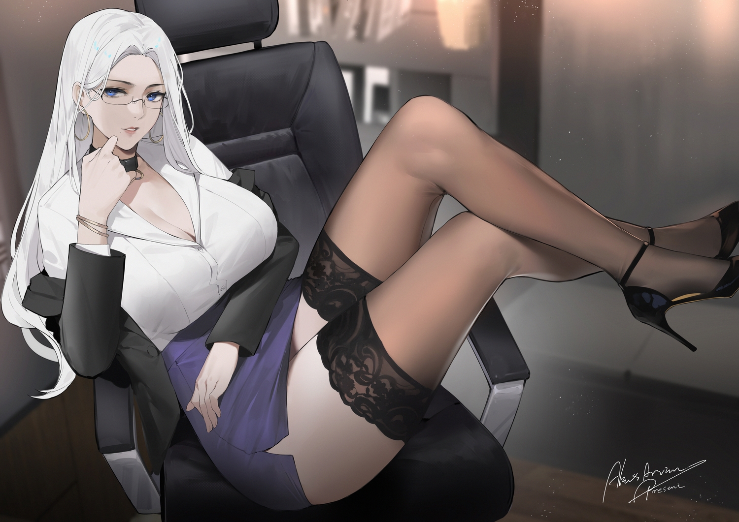alios_arvin, blue_eyes, breast_hold, breasts, choker, cleavage, garter, glasses, long_hair, original, signed, skirt, thighhighs, white_hair, wristwear