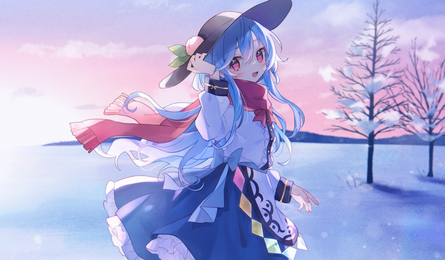 blue_hair, blush, bow, clouds, hat, hinanawi_tenshi, long_hair, nig_18, red_eyes, scarf, shirt, skirt, sky, snow, touhou, tree