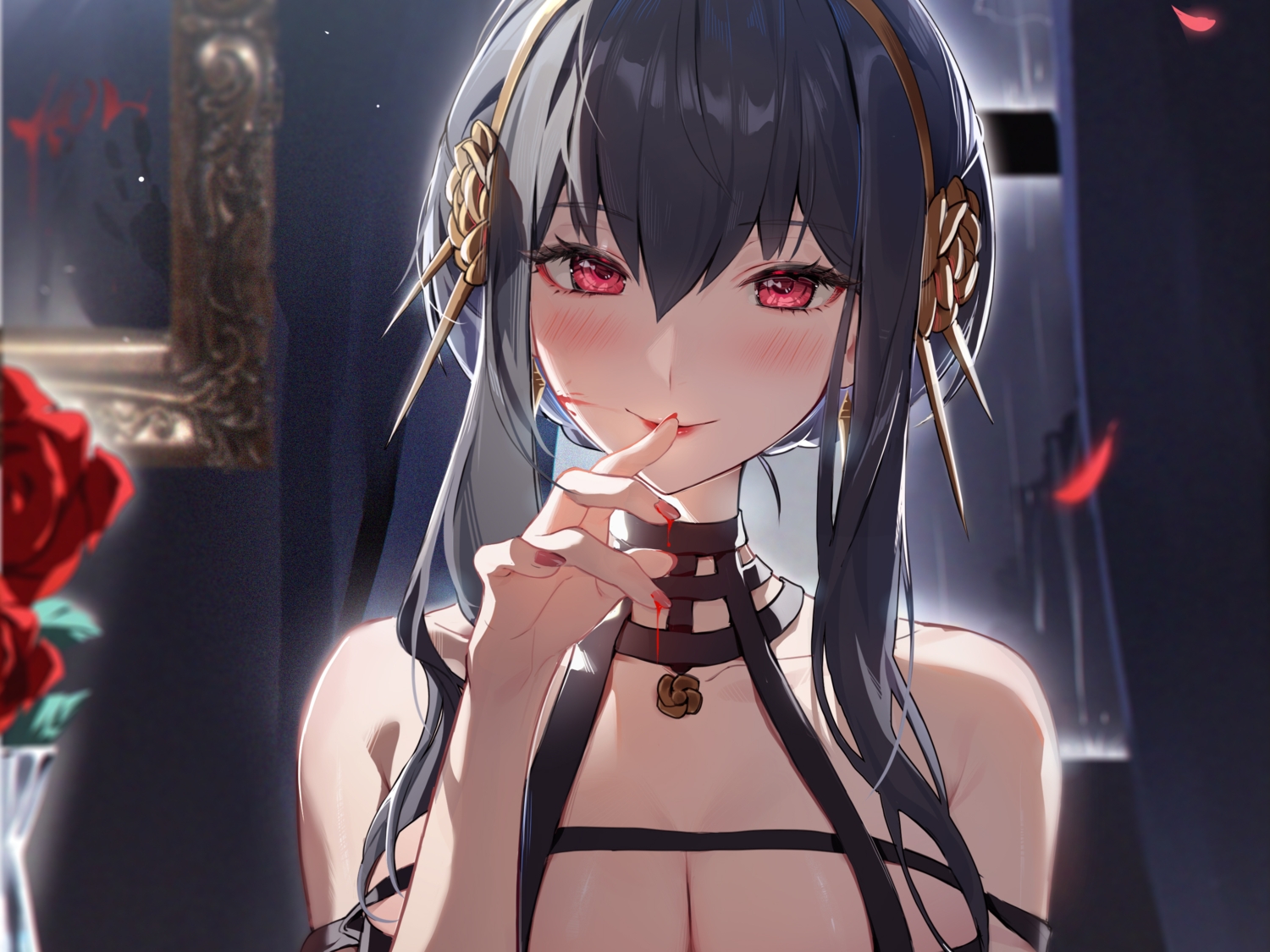 black_hair, blood, blush, breasts, choker, cleavage, cropped, flowers