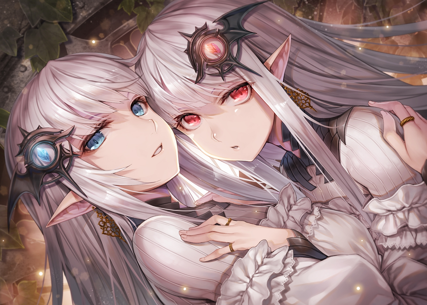 2girls, blue_eyes, close, hagure_keg, headdress, hug, leaves, long_hair