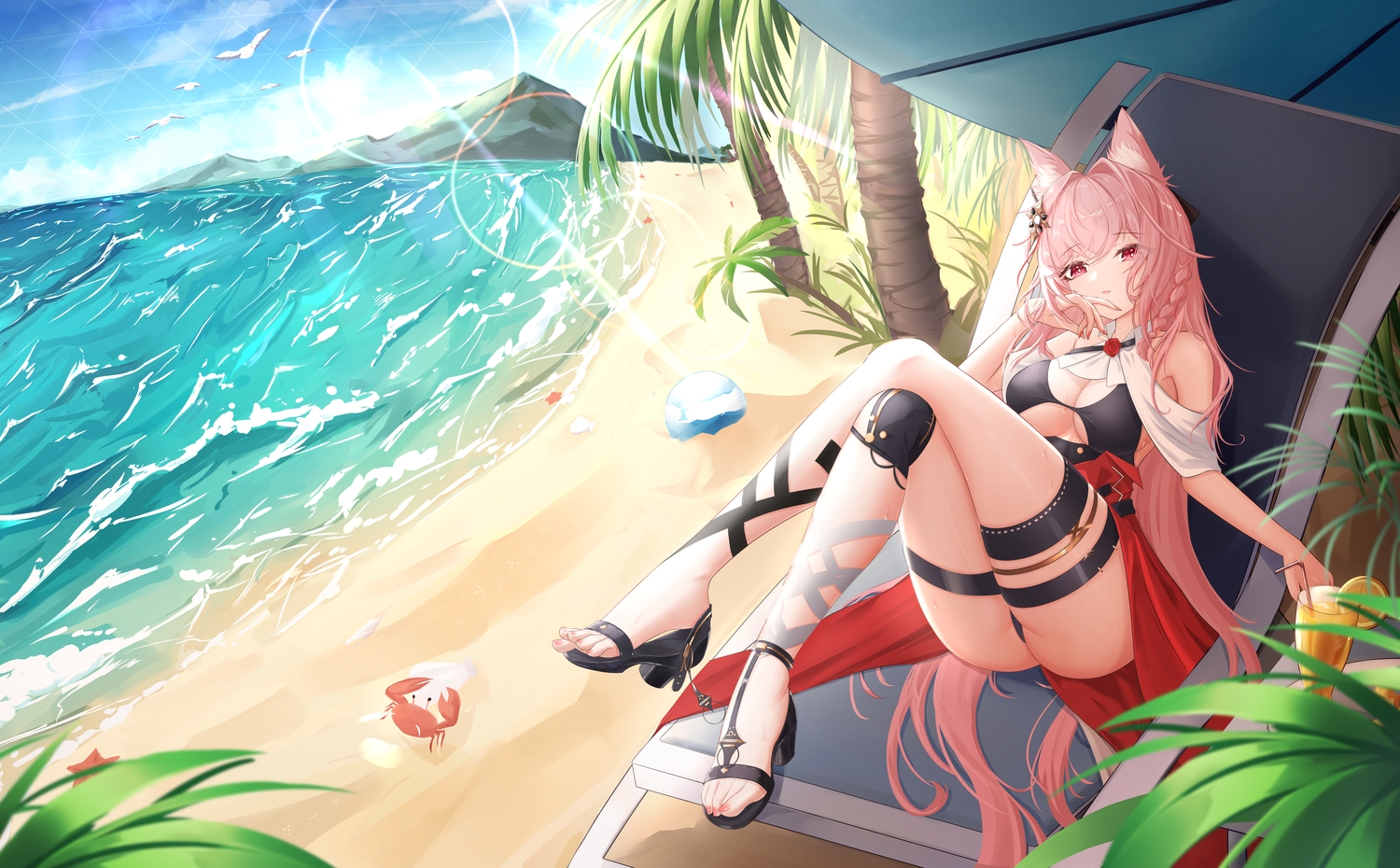 animal, animal_ears, arknights, beach, braids, cameltoe, clouds, dress, drink, garter, jndfh, long_hair, pink_eyes, pink_hair, pozyomka_(arknights), sky, tree, water, wolfgirl
