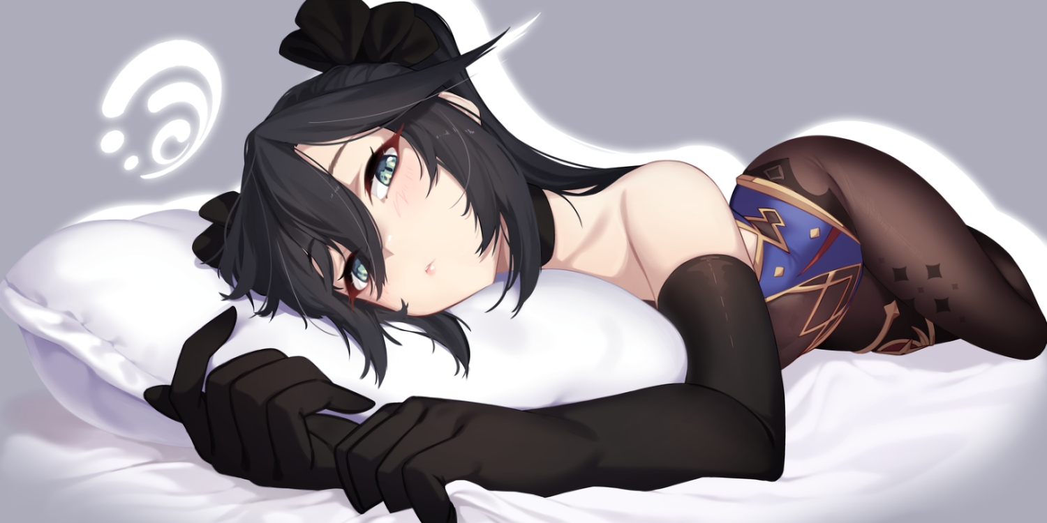 bed, black_hair, blush, dev, elbow_gloves, genshin_impact, gloves, green_eyes