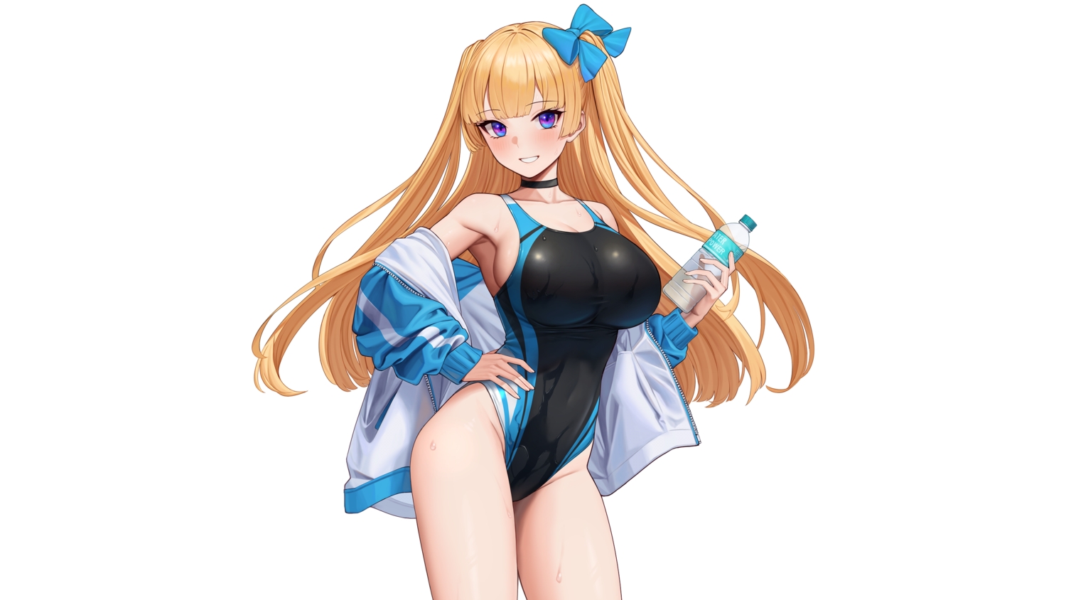 blonde_hair, blush, bow, breasts, choker, cleavage, cropped, lina_bell_roll