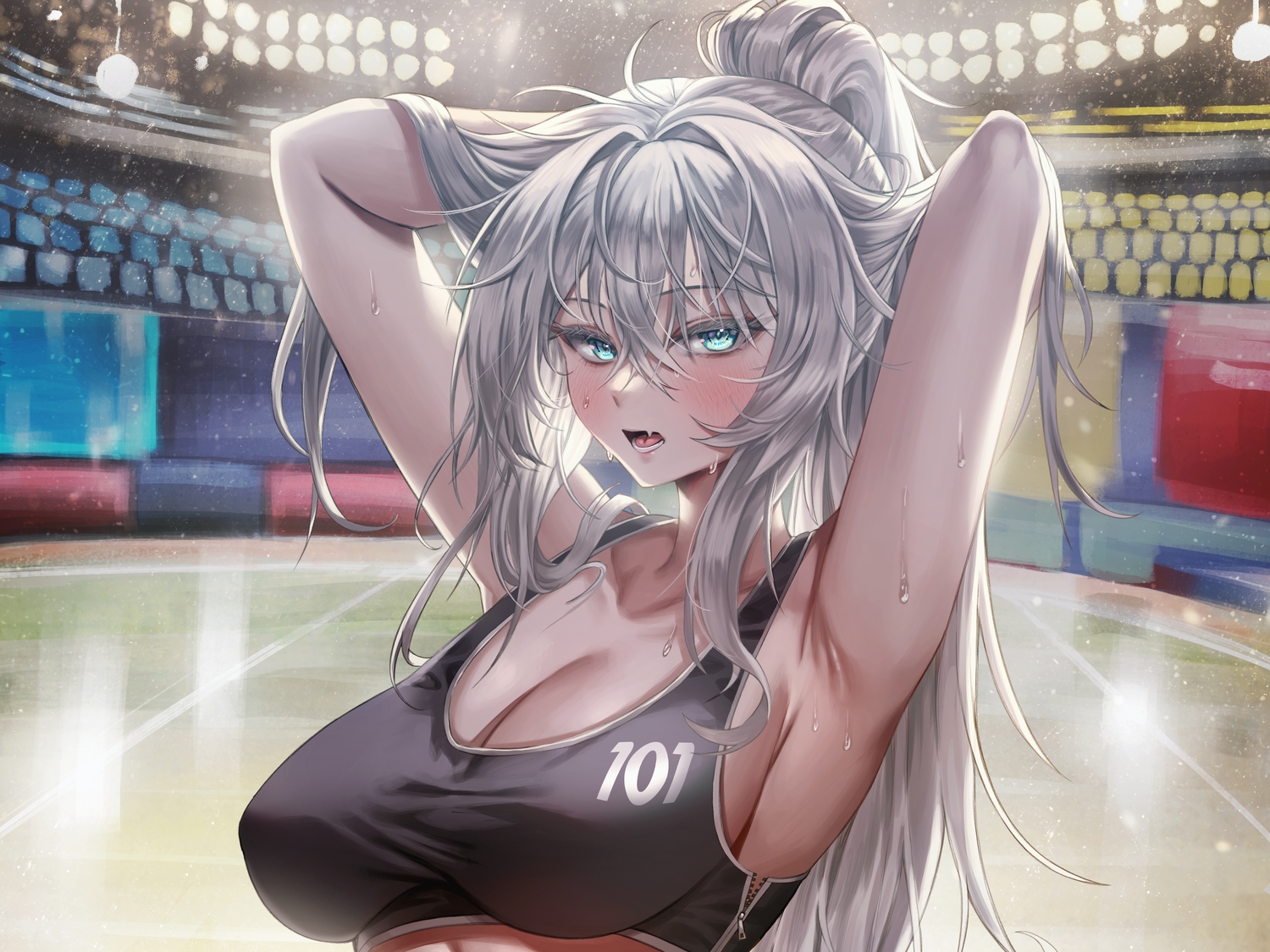 aqua_eyes, blush, breasts, cleavage, close, cropped, fang, gray_hair, gym_uniform, long_hair, nompang, original, ponytail, sport, wet