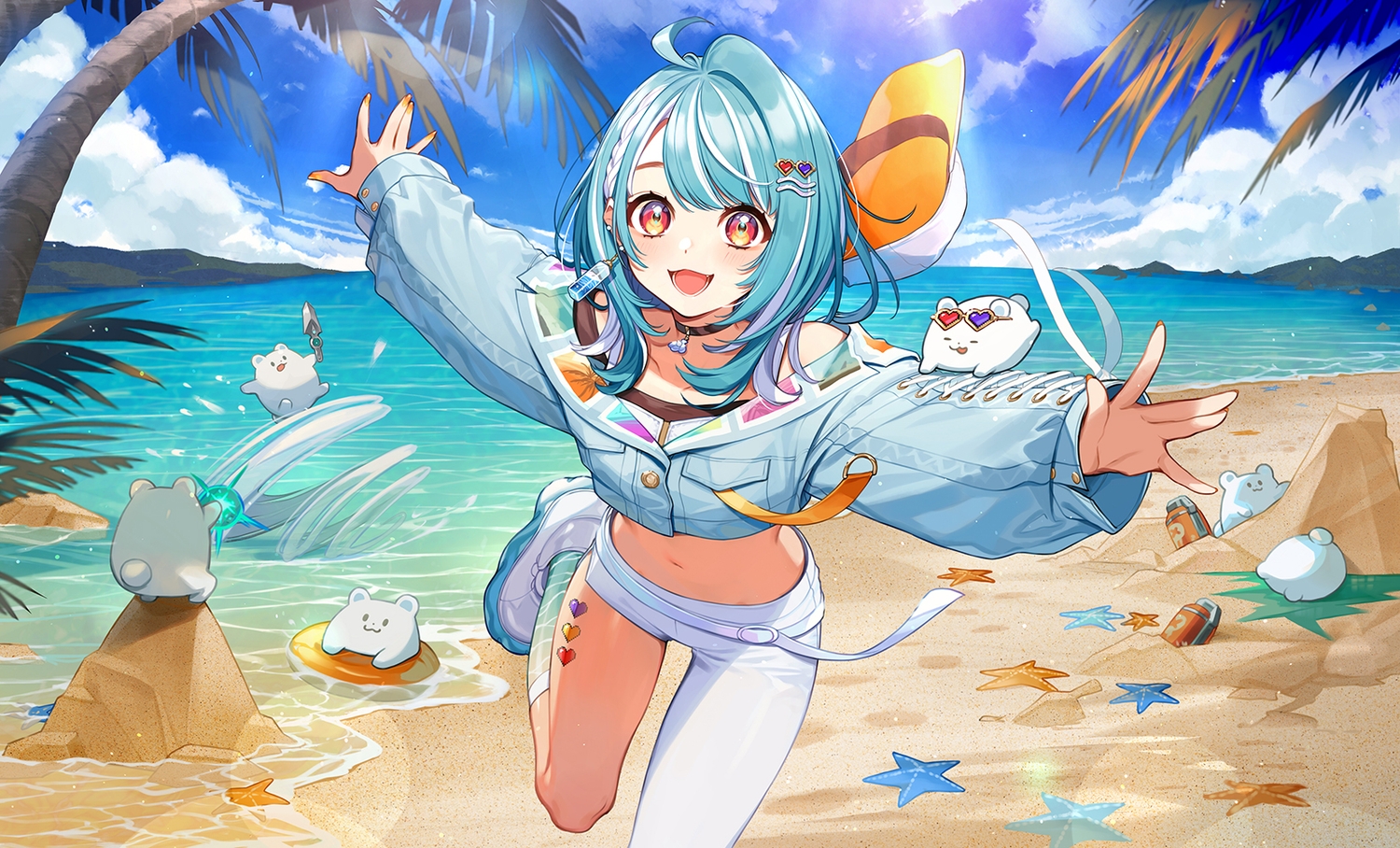 animal, aqua_hair, beach, bear, blush, braids, cat_smile, choker, clouds, hat, kneehighs, navel, red_eyes, shiranami_ramune, short_hair, sky, socks, tree, vspo!, water, yuu_(higashi_no_penguin)