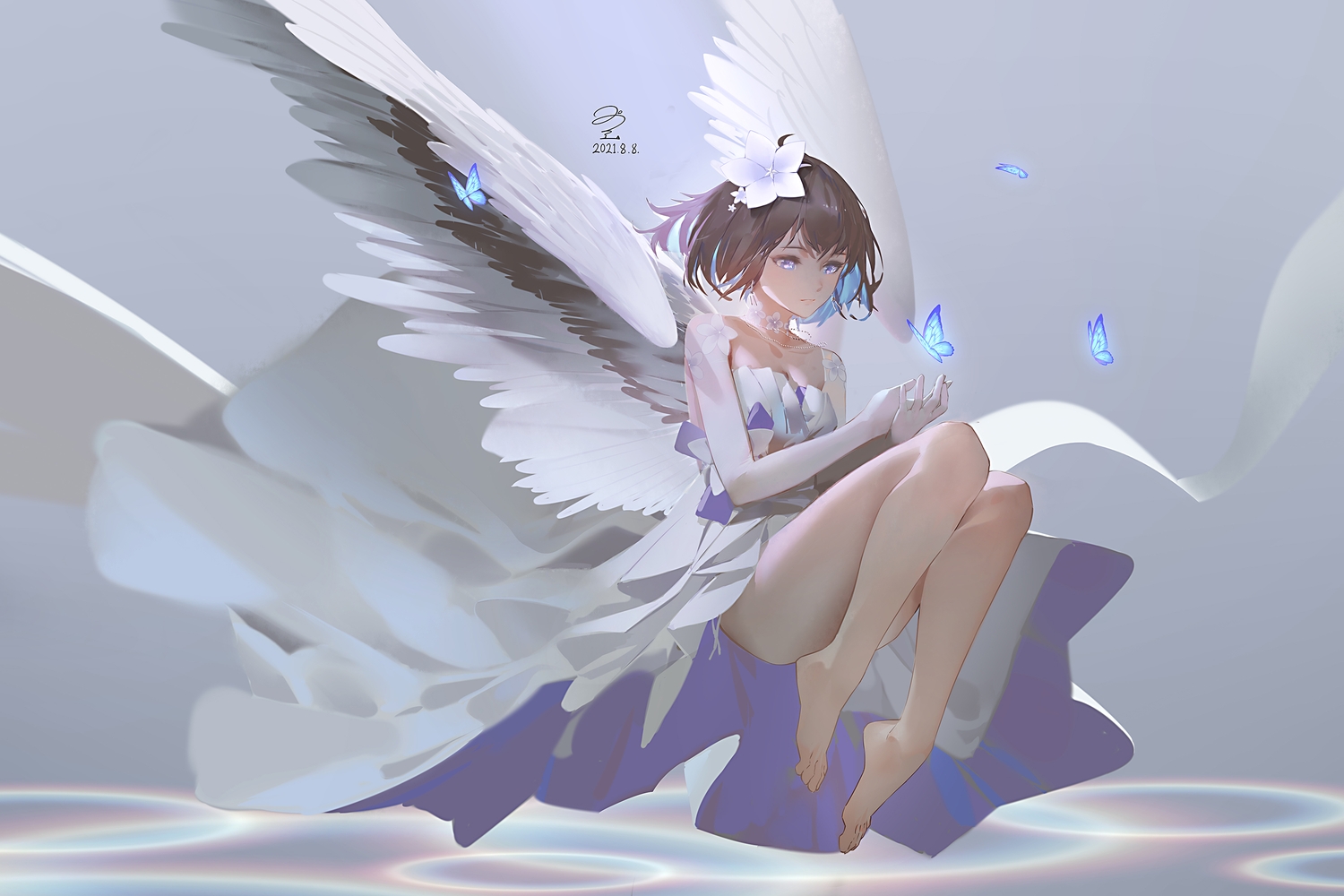 barefoot, black_hair, blue_eyes, butterfly, dress, honkai_impact, honkai_(series), necklace