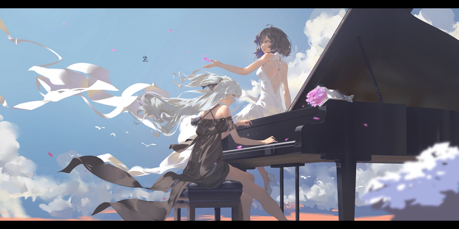 2girls, black_hair, blue_eyes, bronya_zaychik, clouds, dress, flowers, gray_eyes