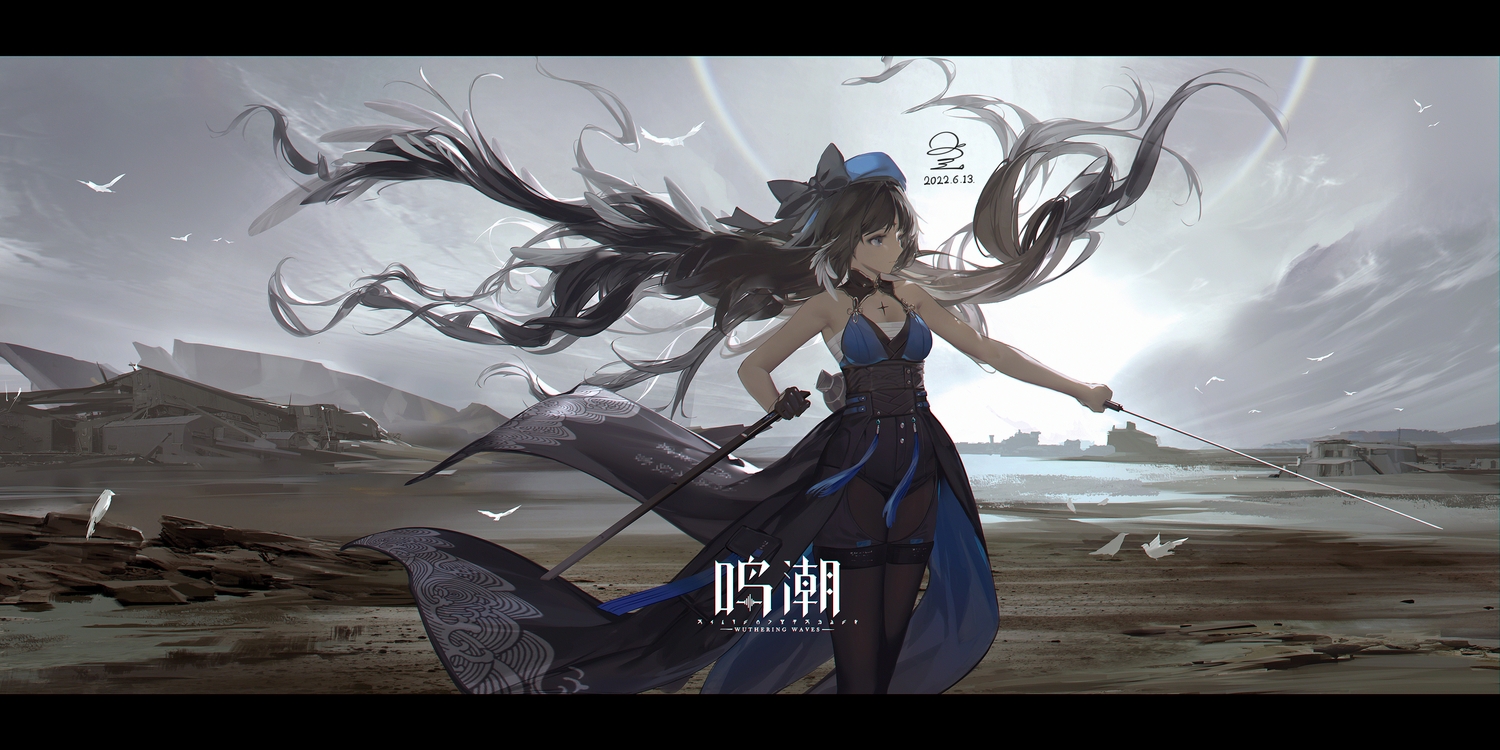 beach, black_hair, blue_eyes, bow, clouds, dress, feathers, gloves