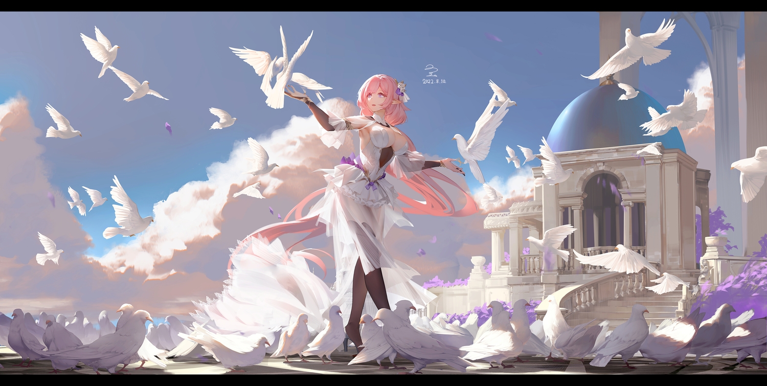 animal, bird, breasts, building, cleavage, clouds, dress, elbow_gloves