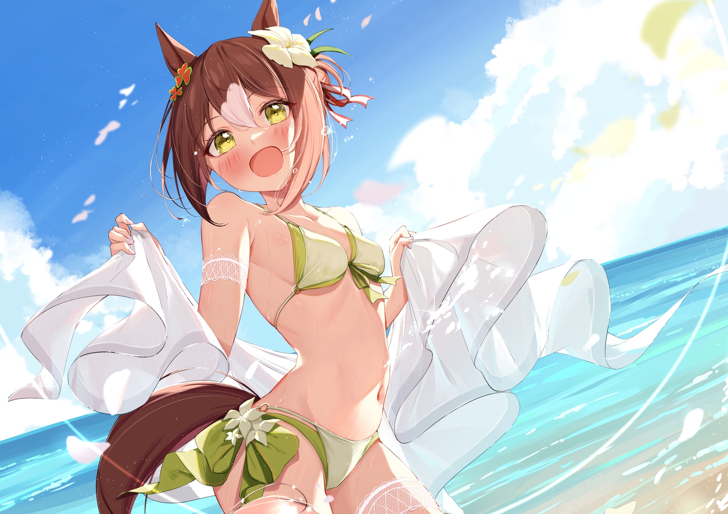 animal_ears, anthropomorphism, bikini, brown_hair, fine_motion_(umamusume), garter, green_eyes, navel, saboten_mushi, swimsuit, tail, uma_musume:_pretty_derby, water