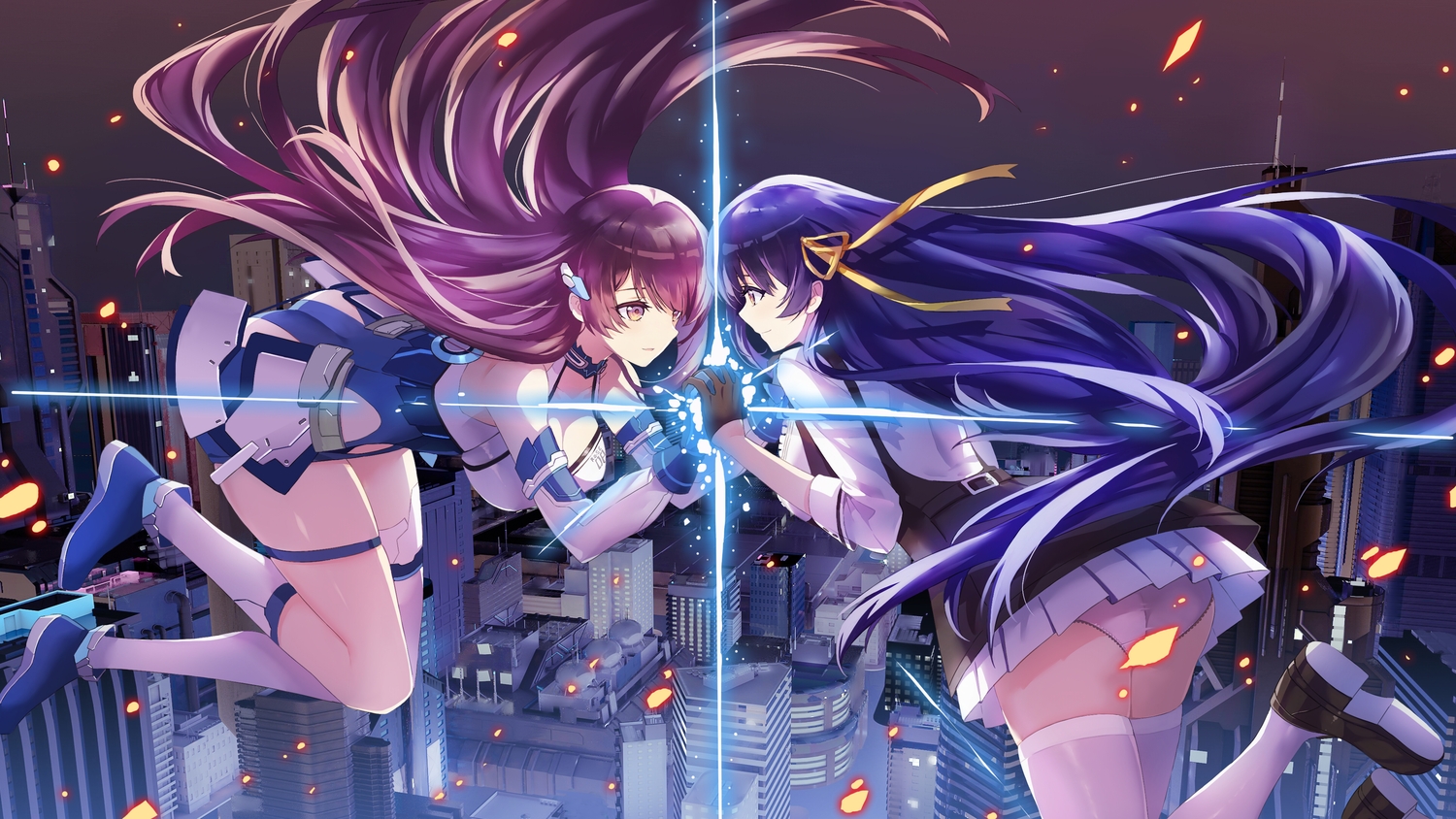 2girls, blue_hair, brown_eyes, building, city, girl_cafe_gun_(game), gloves, long_hair