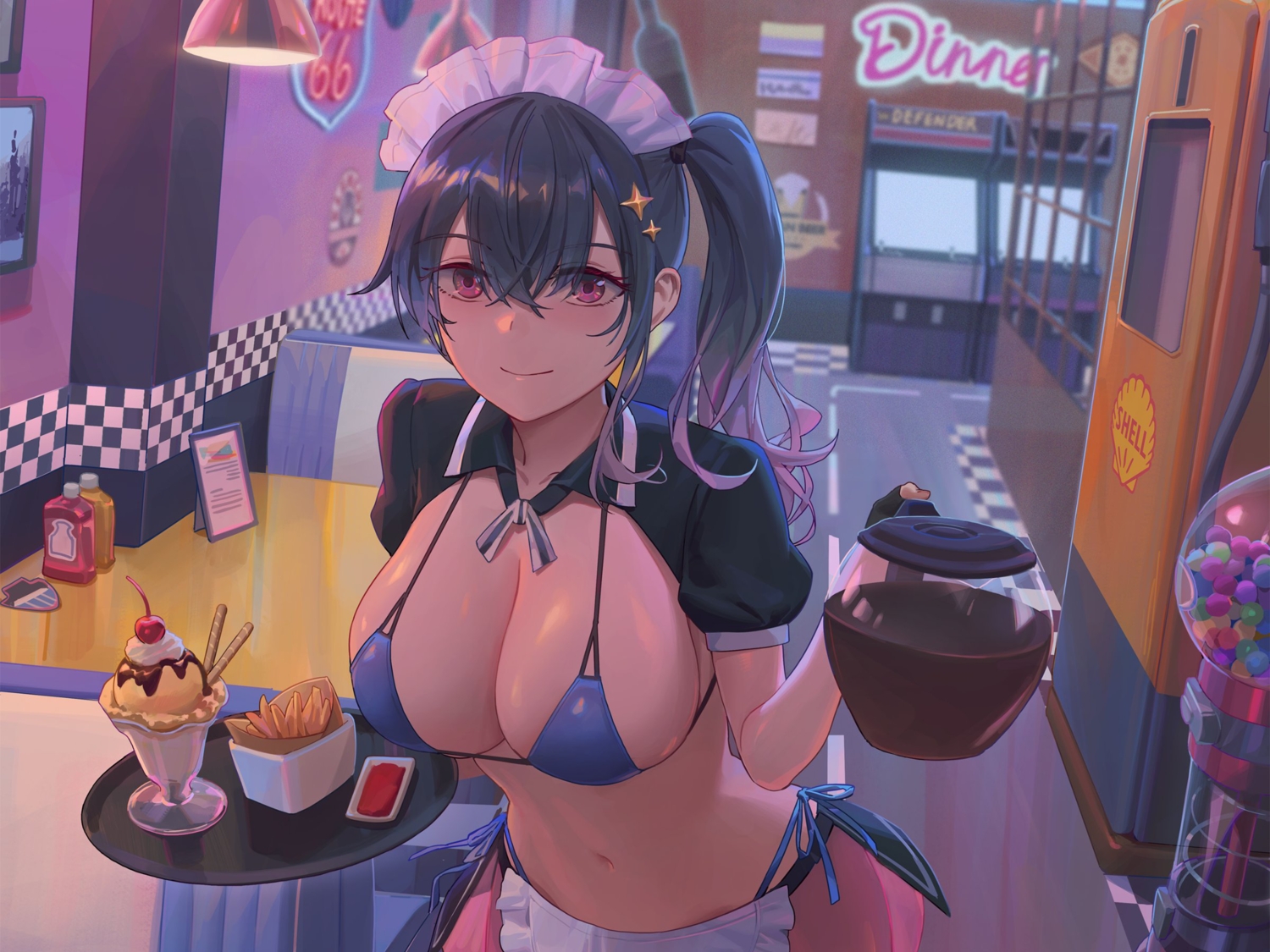 apron, bikini, breasts, brown_hair, cleavage, cropped, drink, food