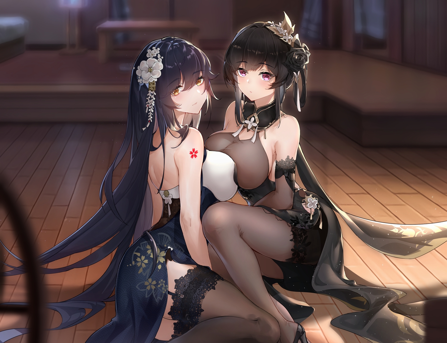 2girls, anthropomorphism, azuma_(azur_lane), azur_lane, black_hair, blue_hair, blush, breasts, chen_hai_(azur_lane), cleavage, dearduam, dress, elbow_gloves, flowers, garter_belt, gloves, long_hair, pantyhose, pink_eyes, rose, see_through, tattoo, thighhighs, yellow_eyes