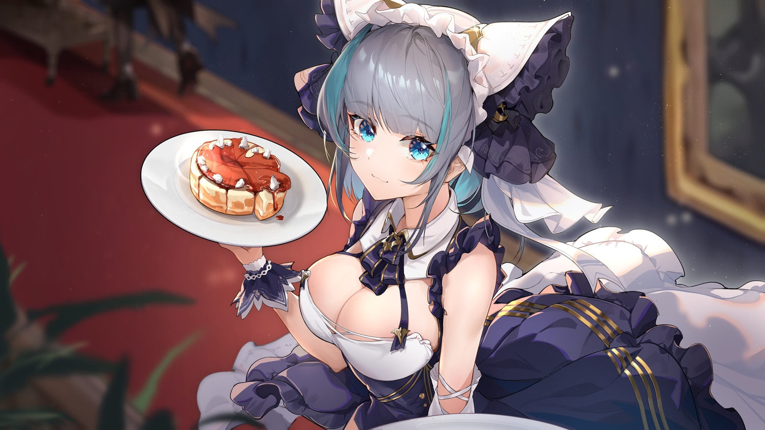 animal_ears, anthropomorphism, aqua_eyes, azur_lane, breasts, cake, cat_smile, cheshire_(azur_lane), cleavage, dearduam, dress, food, gray_hair, headdress, leaves, maid, waitress, wristwear